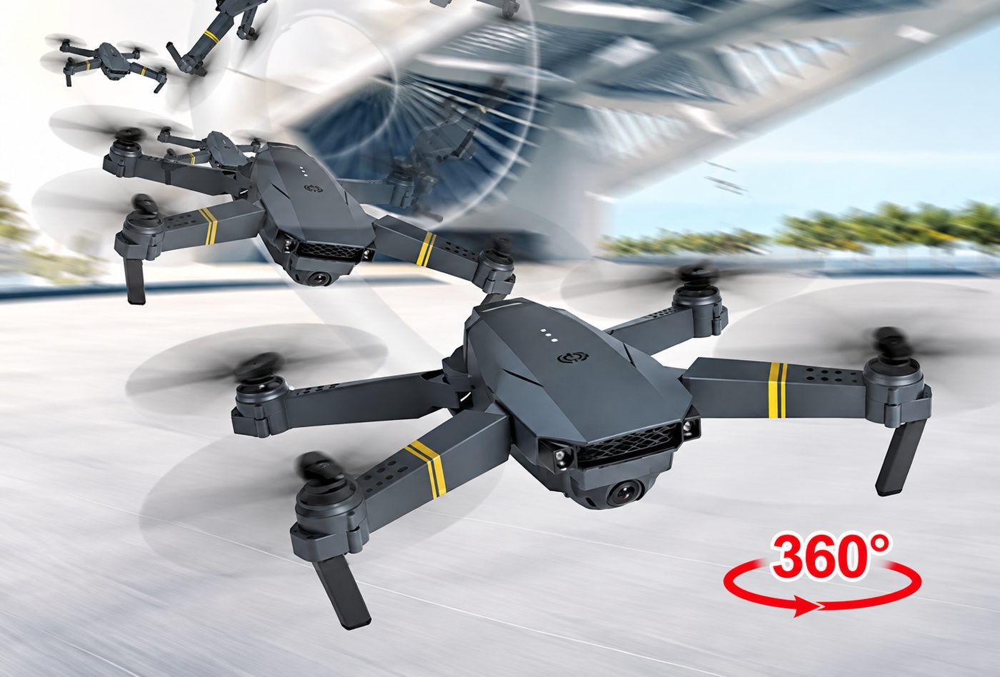 SkyHawk 4K drone performing a 360 degree flight maneuver