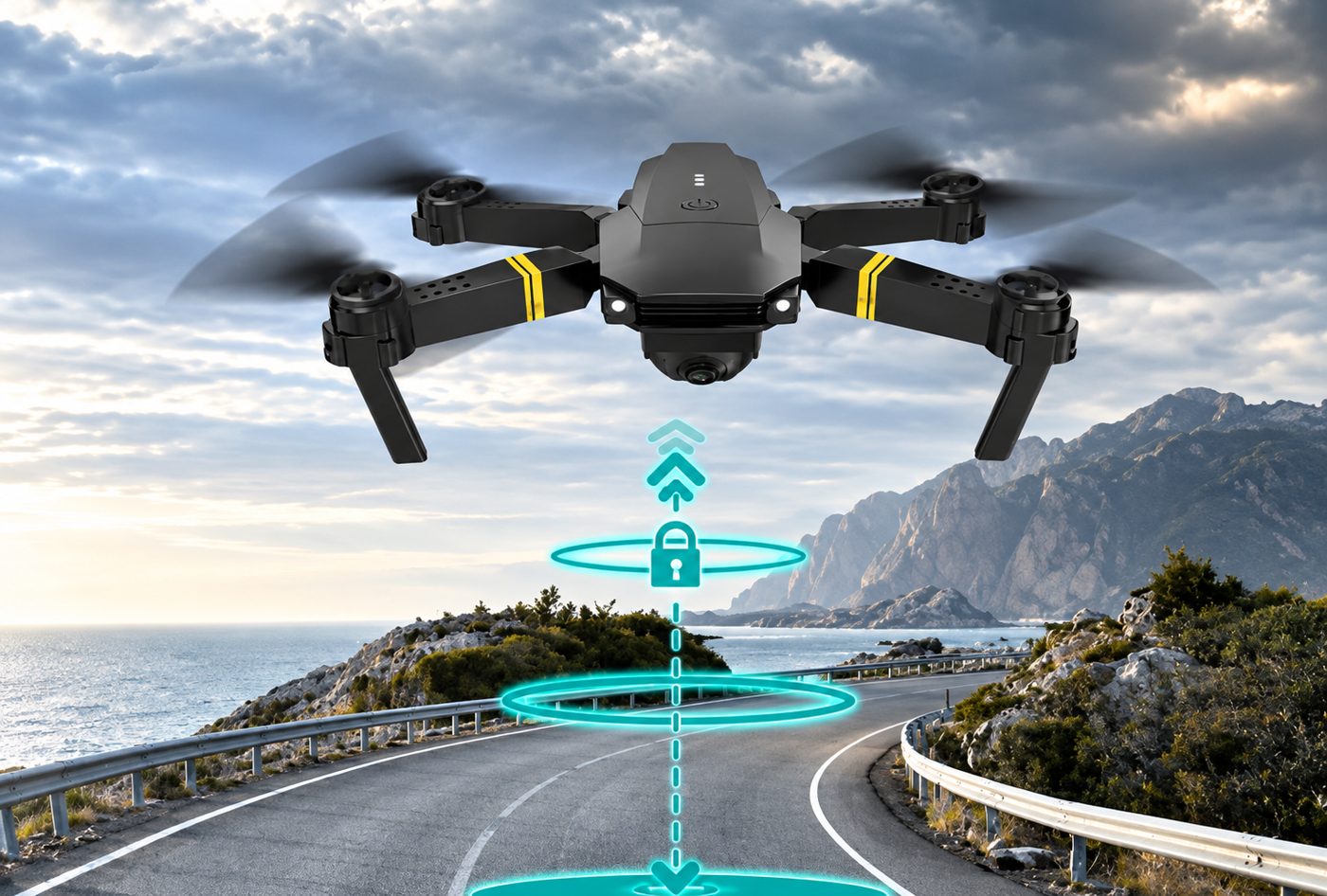 SkyHawk 4K drone holding altitude above a coastal road